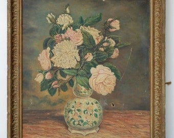 French vintage oil on canvas of an art style flower bouquet new painted between 1870 and 1899 French vintage and shabby chic
