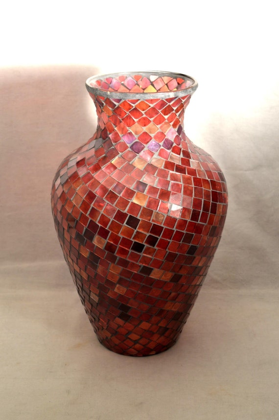 Red Glass Mosaic Vase Tile Hand Crafted by VintageCeramicsGlass