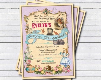 Alice in Onederland invitation. Girl first 1st birthday. Alice in wonderland mad hatter party invitation. Birthday tea party printable KB165
