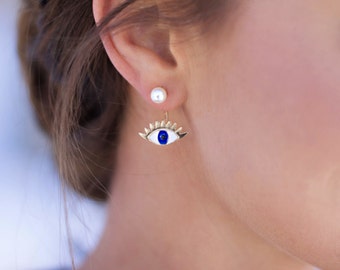 Single Gold Evil Eye Ear Jacket Earring - Ear Jacket, Evil Eye Earrings, Pearl Ear Jacket, Pearl Ear Cuff