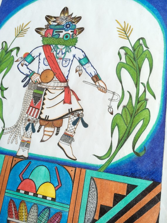 Hopi art Native American Corn dancer Kachina framed drawing