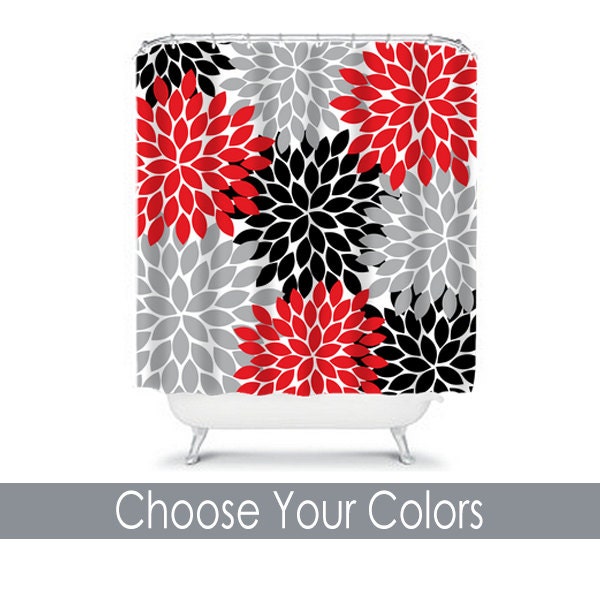 Red Black Gray SHOWER CURTAIN Flowers Custom by