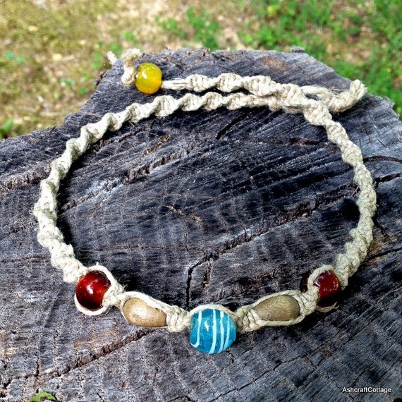 Items similar to Hemp Necklace Glass & Wood Beads, Light Blue and Amber