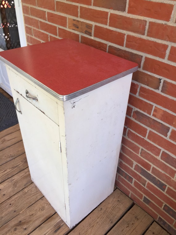 Vintage Mid Century Metal Kitchen Cabinet Red Formica Top