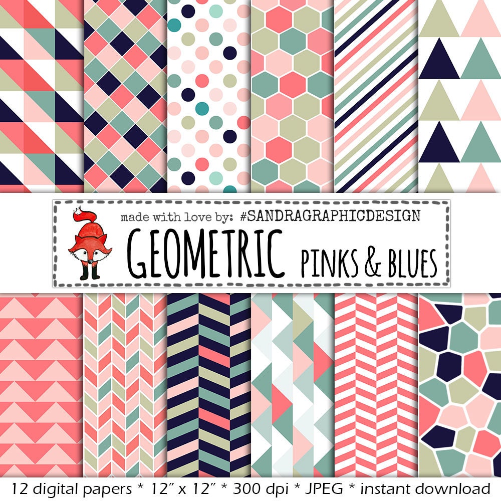 Download Digital Paper Geometric Patterns In Colors Pink Blue And Green With Pretty Patterns 1131 Sandra S Graphic Design