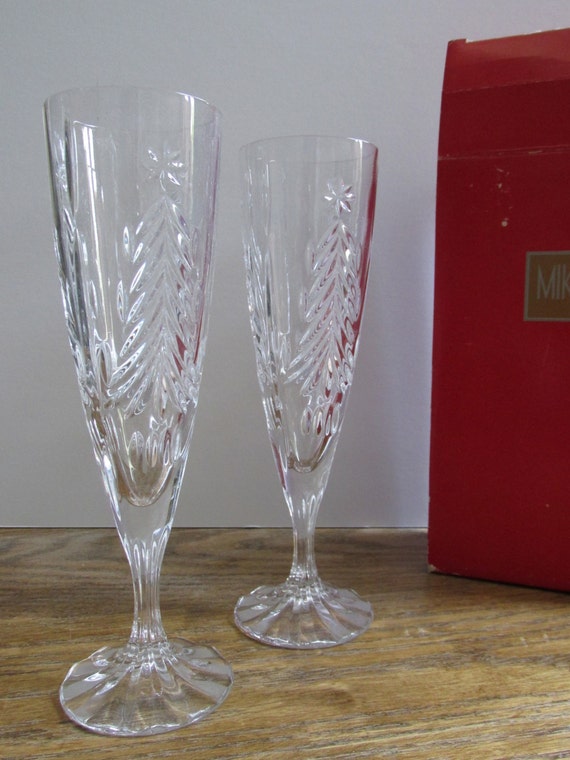 Vintage Mikasa Crystal Christmas Tree Champagne Flutes set