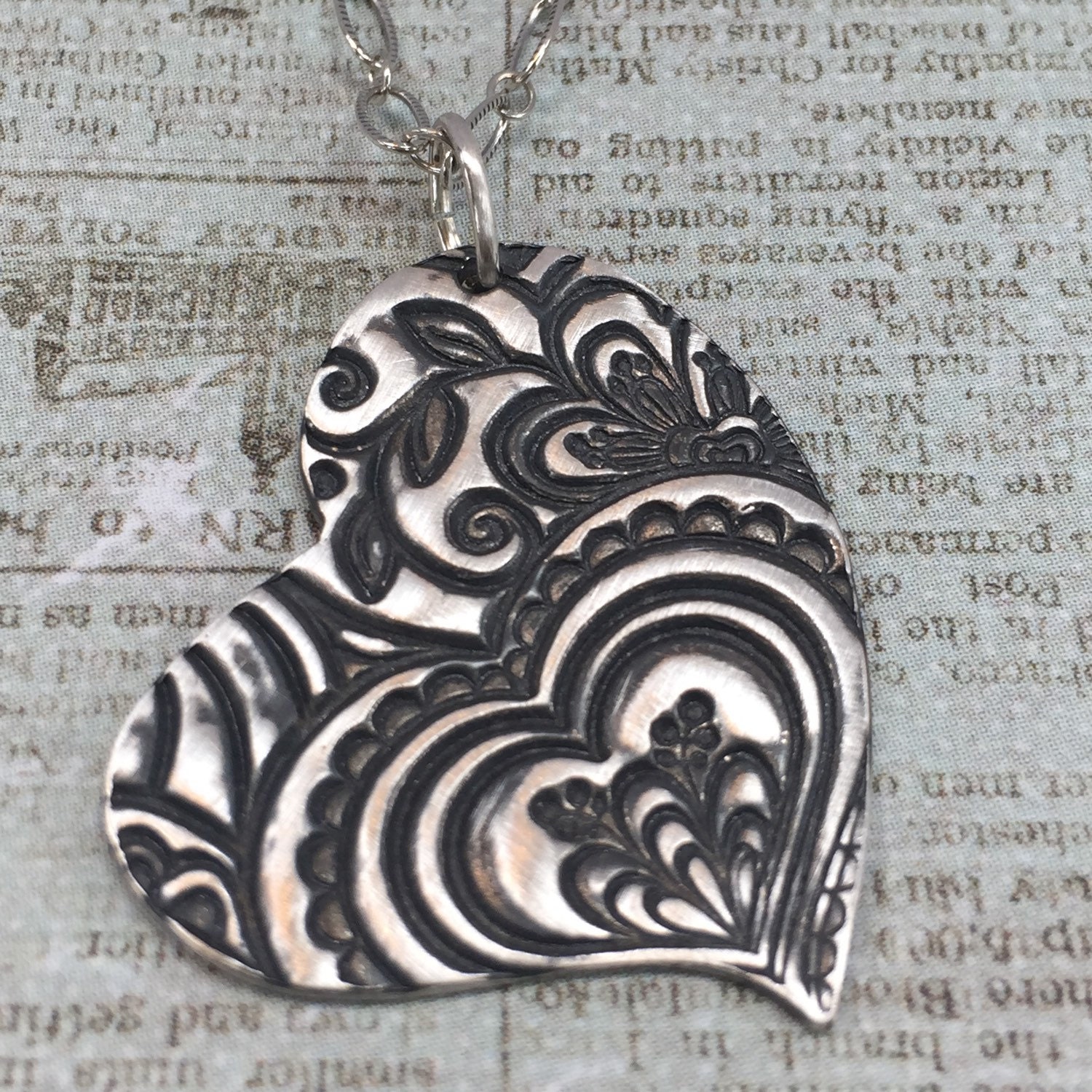 Blooming Paisley Heart Fine Silver Heart Handstamped Silver