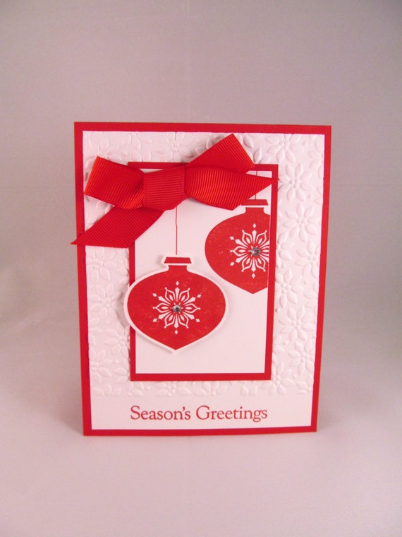 Items similar to Red CHRISTMAS ORNAMENT Season's Greetings Hand Stamped ...