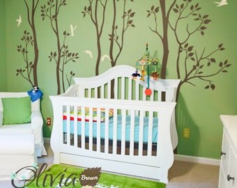 Large family Tree vinyl decal with bird stickers nature wall