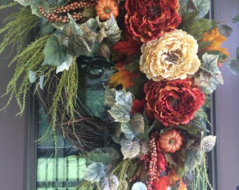 Fall Wreath, Autumn Wreath, Peony Wreath, Front Door Wreath, Grapevine Wreath, Elegant Wreath