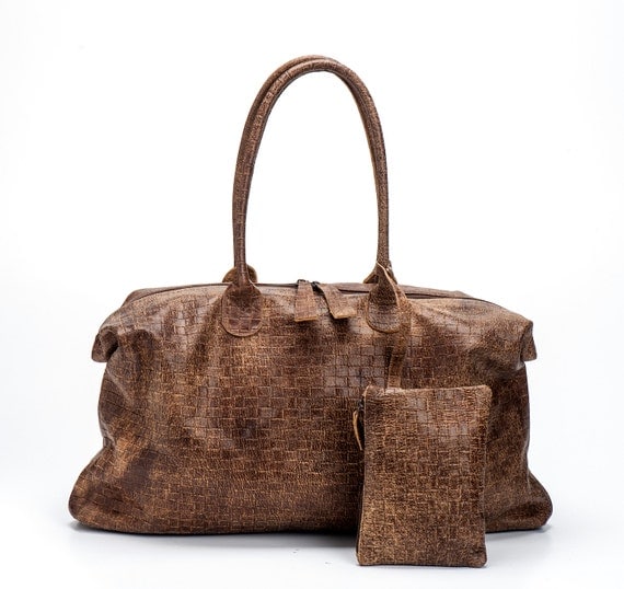 Brown Leather Tote Bag / Croco Shoulder Bag by EllenRubenBagsShoes