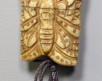 Cord Necklace Chinese Carved Bone Butterfly Box Handmade Handcrafted Unique Statement Butterfly Box Jewelry Necklace
