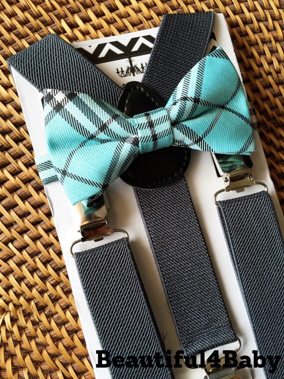 Turquoise Bow Tie and Grey Suspenders Turquoise Baby Bow Tie
