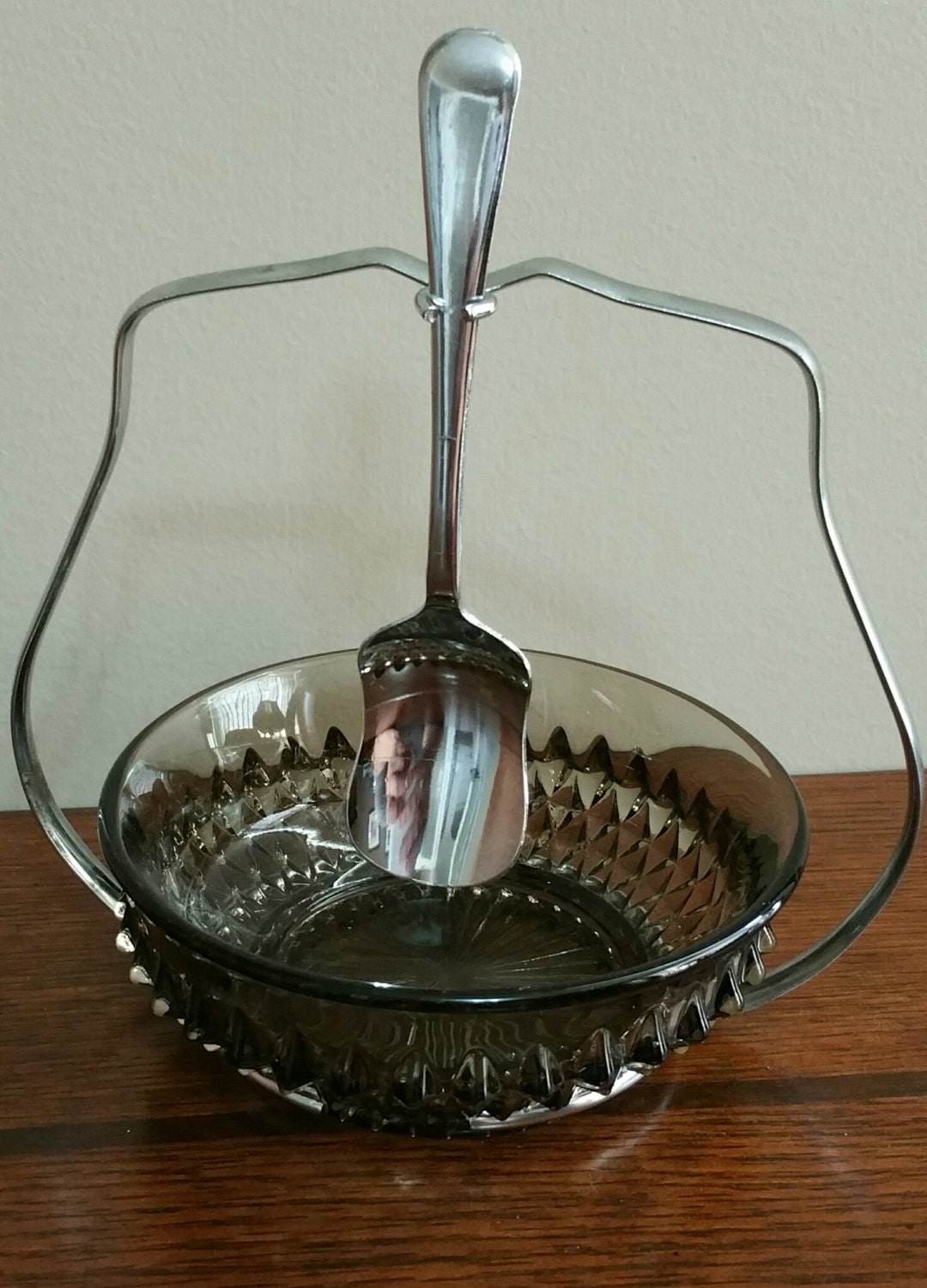 Vintage Jam Dish with Hanging Spoon Glass Condiment Dish