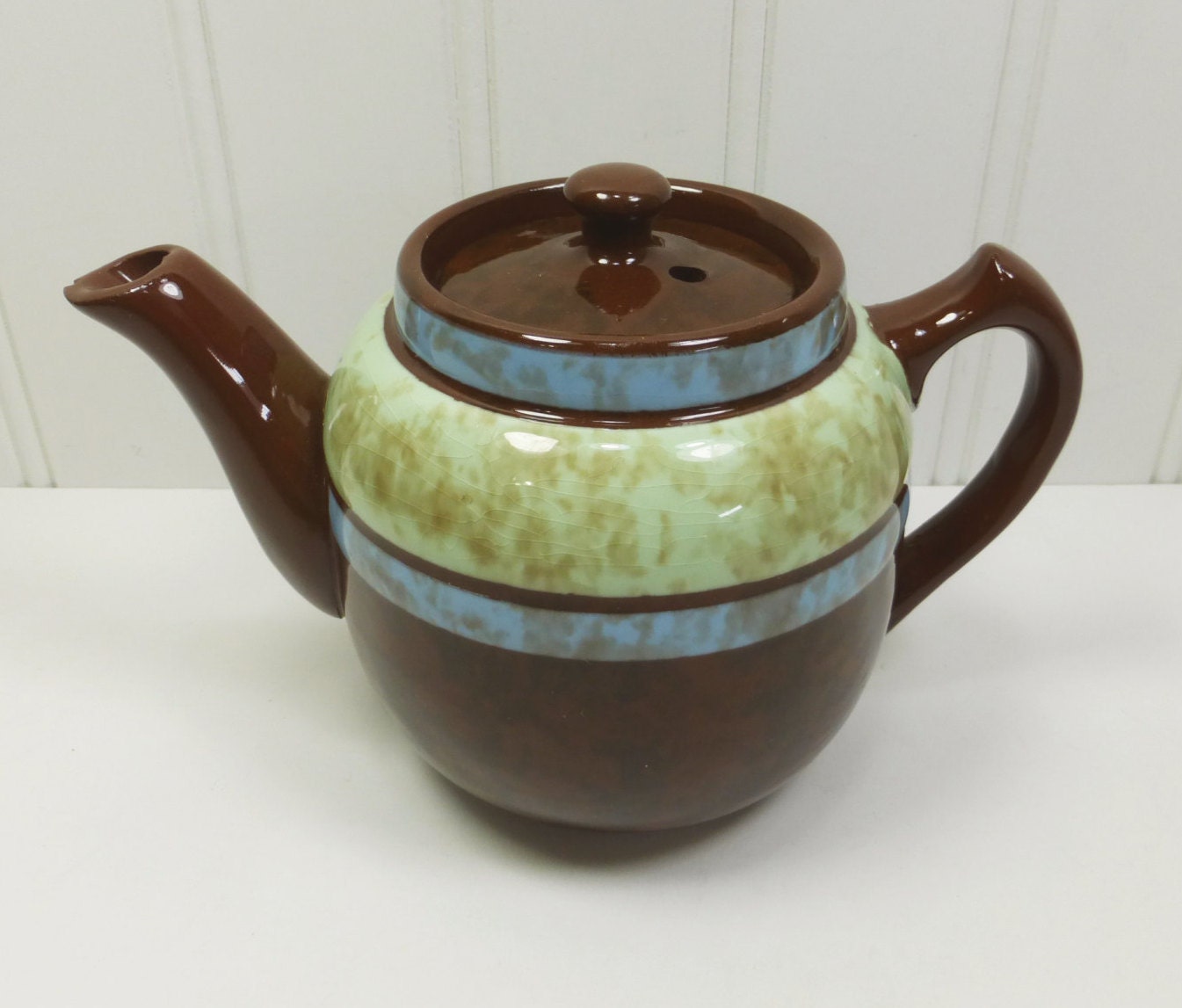 Small Sadler Teapot, Mottled Brown with Green and Blue Stripes, Brown