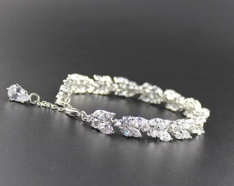 Crystal Silver Bridal Bracelet, Marquise Crystal Bracelet, Crystal Leafy Bracelet, Crystal Bridal Jewelry, Wedding Jewelry, CLEO