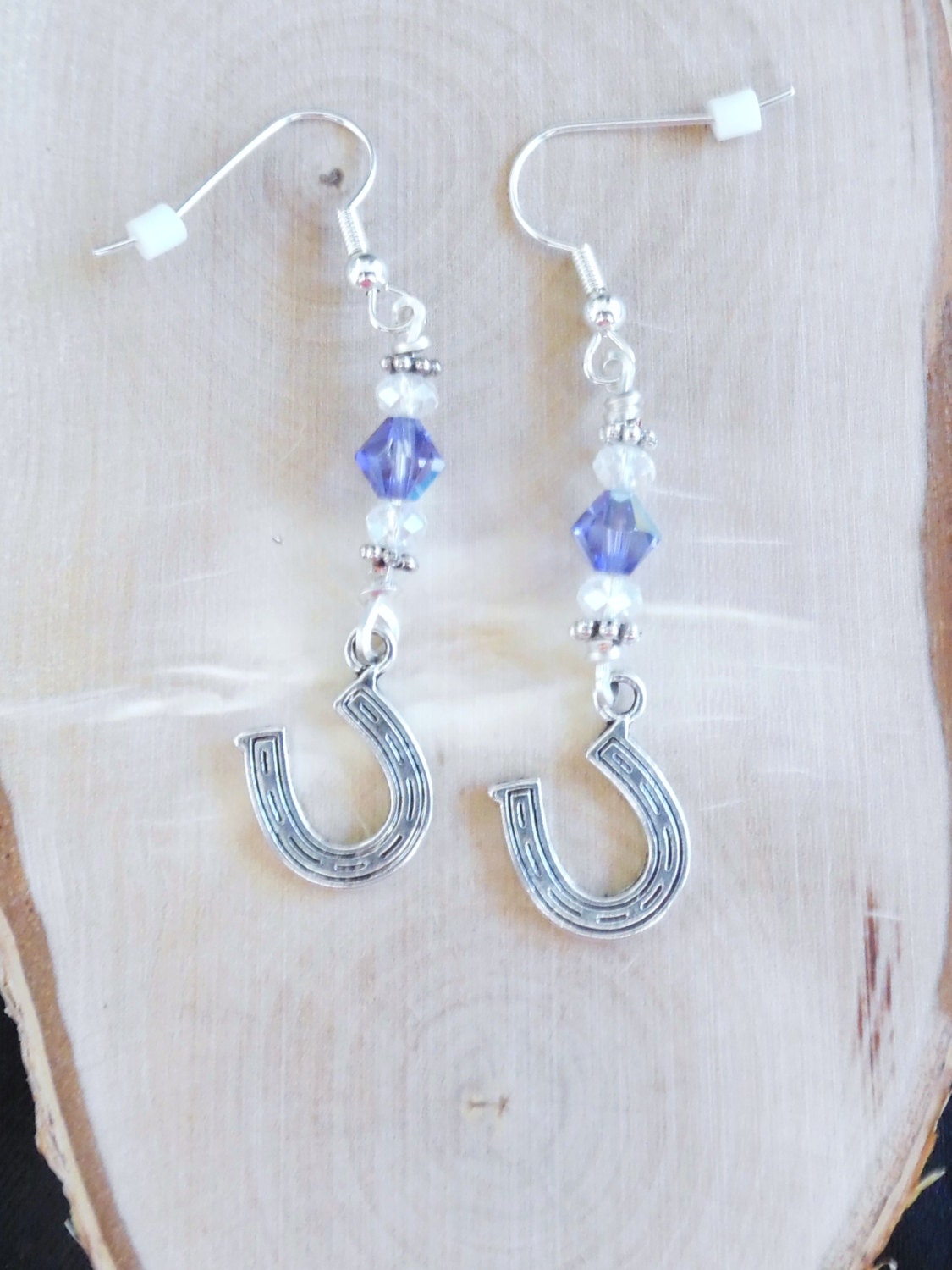 Horse Shoe Earrings Handmade Crystal Dangle by AlsJewelryDesigns