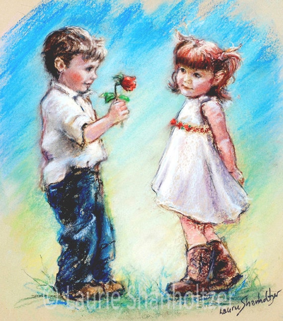 Children's Art, couple sweethearts boy and girl, Valentine "LOVE YOU" Laurie Shanholtzer, Canvas or cotton art paper