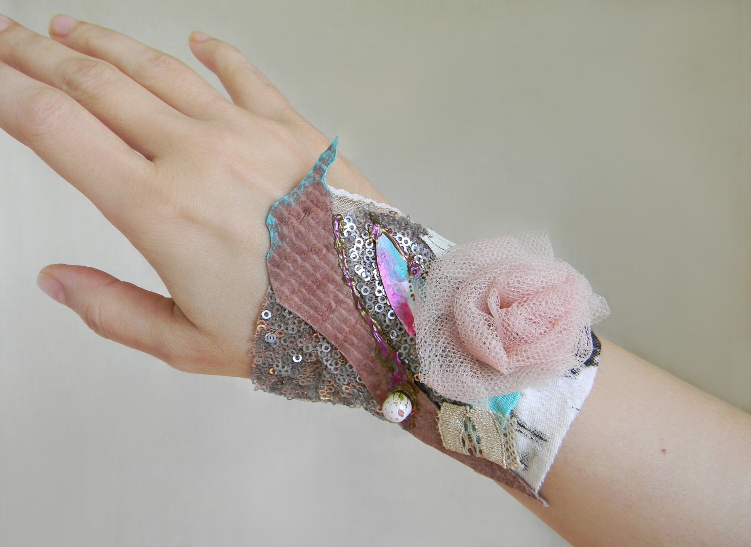 Fabric Collage Bracelet Cuff Textile Art Jewelry Bracelet