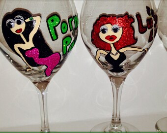 Hand Painted Wine Glasses, Party with Luscious Lou and Barfing Barb Wine Glasses, Party Girl Wine Glasses, Wine Glasses Funny