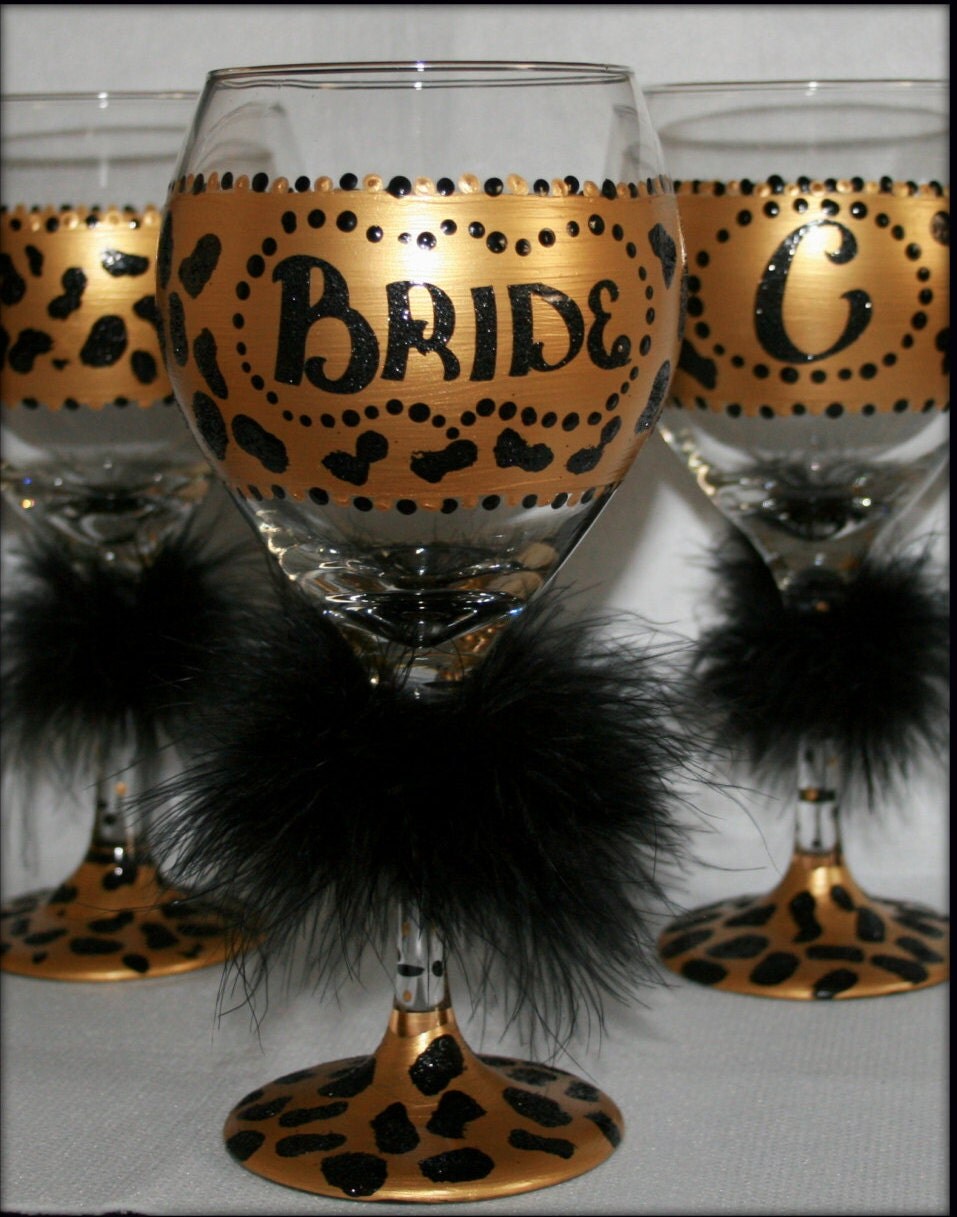 Personalized Hand Painted Wine Glasses Cougar Animal Print