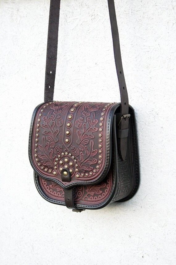Items similar to brown purple violet tooled leather bag - shoulder bag ...