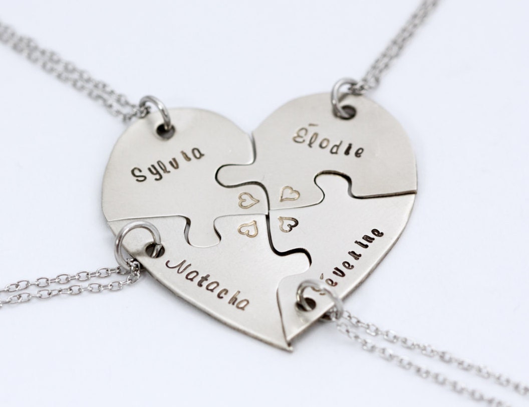 Hand engraved heart puzzle necklaces friendship BFF four 4