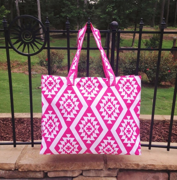 Ultimate Beach Bag, Personalized Large Pink Aztec Beach Bag