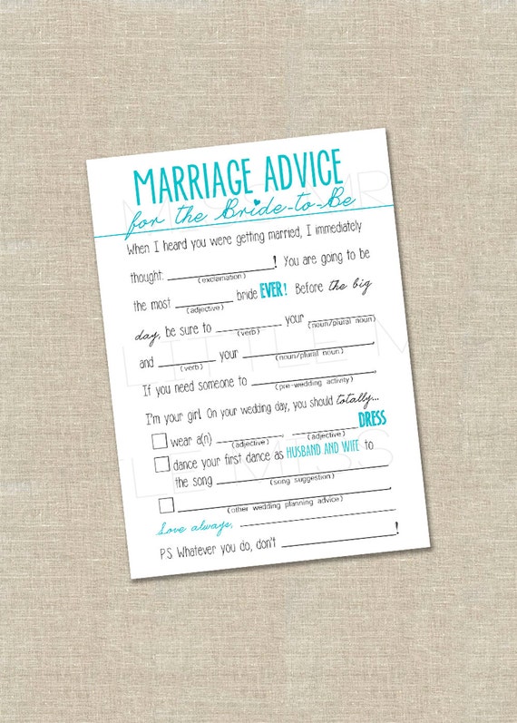 Printable Mad-lib Bridal Shower game--aqua/turquoise blue, lilac, hot pink