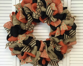 Large Burlap Halloween Wreath, Halloween Door Decor, Fall Wreath, Fall Burlap Wreath, Orange Black Wreath