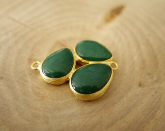 Emerald Green Jade Triple Teardrop Stone Charm Pendant Connector- 37 mm 24K Gold Plated Bezel Charm Pendant - GS034-B