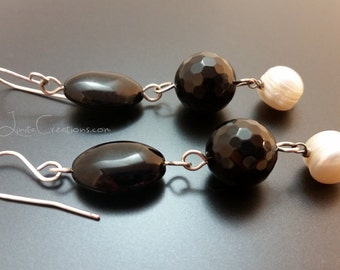 pearl and black onyx earrings