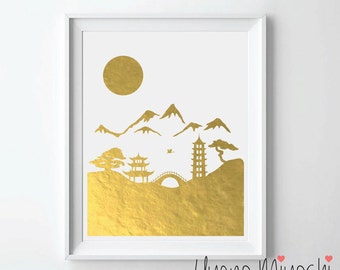 Japanese Landscape Gold Foil Print, Custom Print in Gold, Illustration Art Print, Japan Gold Foil Art Print, Japanese Mountains, Tower Print