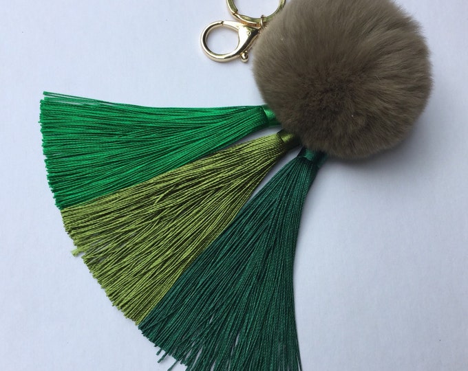 Green Gradient Tassel Handbag Charm Fur Pom Pom ball keychain