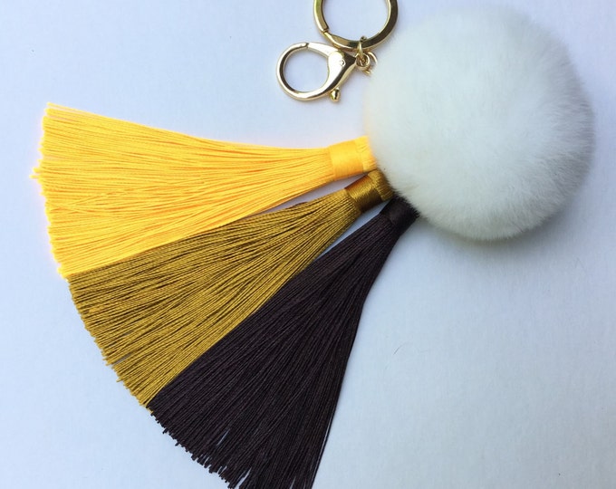 Yellow/Brown Gradient Tassel Handbag Charm Fur Pom Pom ball keychain