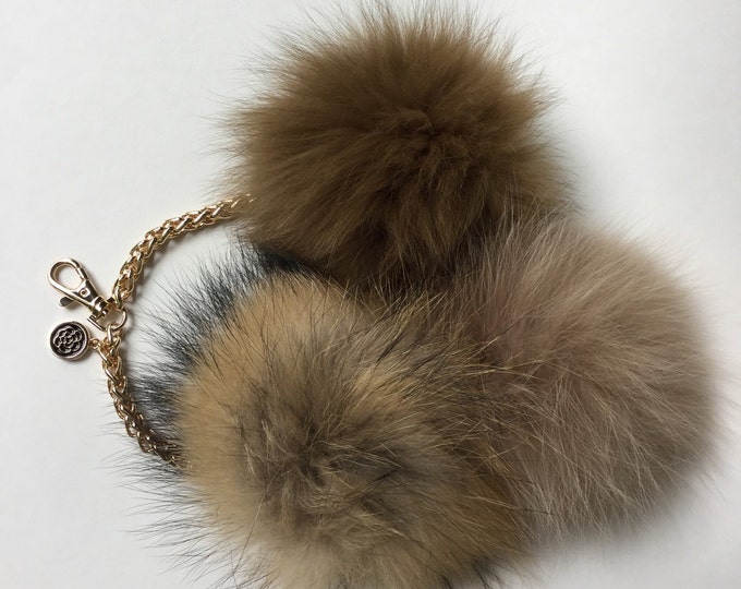 Trio fur pom pom corsage Bag Charm Totem Fox / Raccoon creation piece