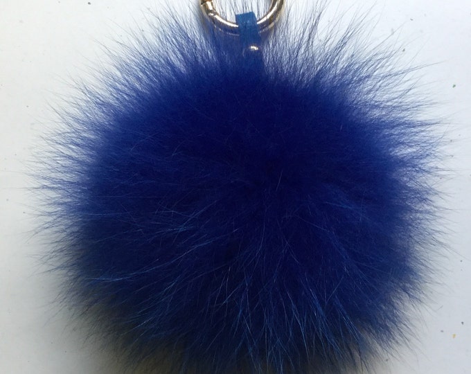 Instagram/Blogger Recommended Royal blue Fox Fur Pom Pom luxury bag pendant with leather strap metal buckle key ring chain bag charm