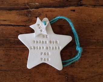 We thank our lucky stars ~ white clay star ~ personalised Mother's Day ~ new baby ~ wedding gift ~ wedding favor ~ baby shower ~ nursery