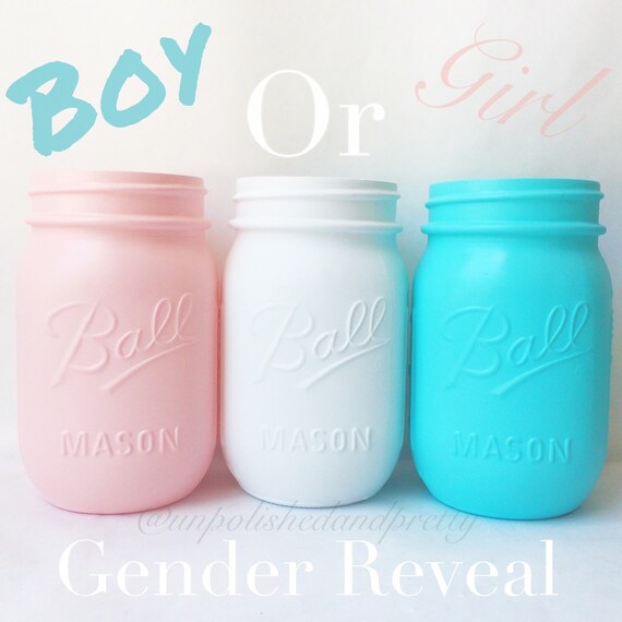 Items similar to Gender reveal mason jar trio, painted mason jars