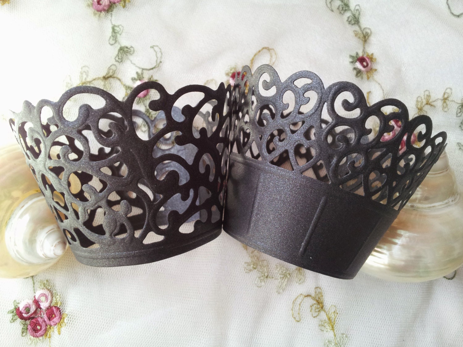 Black Lace Cupcake Wrappers Pearlised Lace Holders Filigree