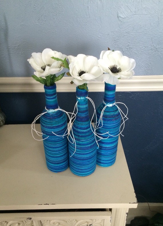 3 Multi Colored Blue/Teal Wine Bottles with Flowers