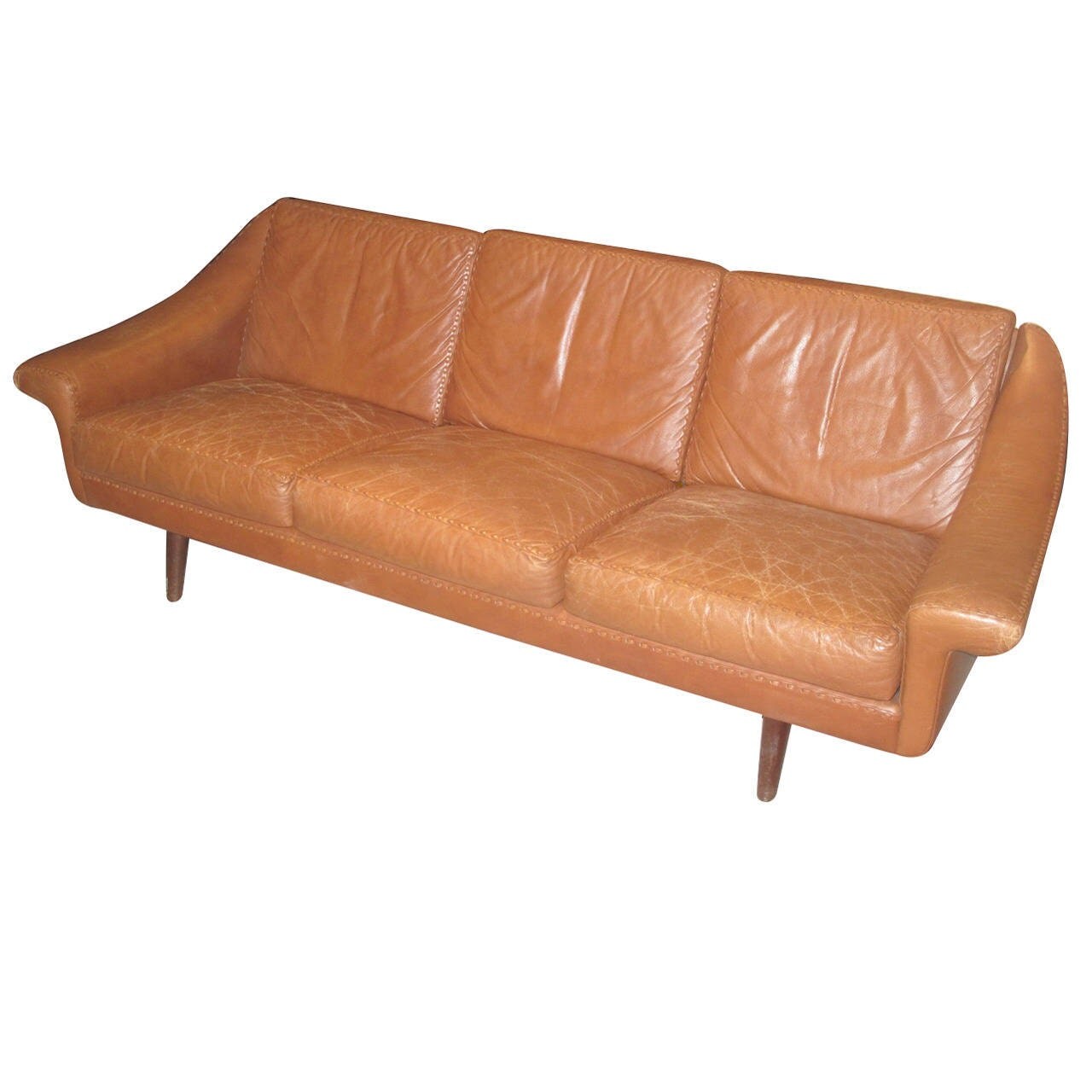 Danish 1960s Leather Sofa with Stitched Decoration