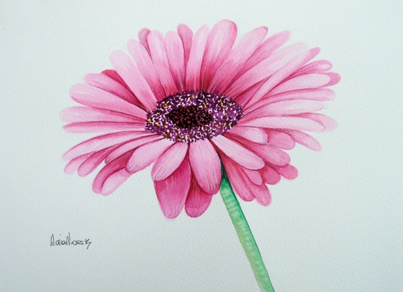 An Original watercolour Pink Gerbera Daisy Flower by Vivaci