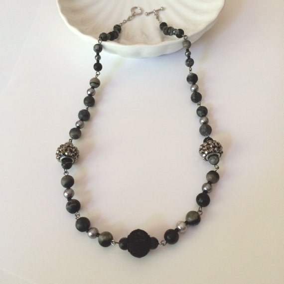 Black stone necklace Black bead necklace Beaded short black