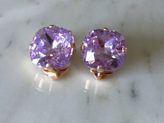 Medium Cushion Cut Swarovski Violet Purple Crystal Clip On Earrings