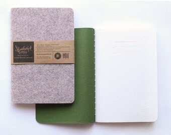 Wool Felt & Rayon Cover Notebook Journal Sketchbook. WOOD - OLIVE Hand Sewn, 100% PC Recycled Paper 5.5” x 8.25”
