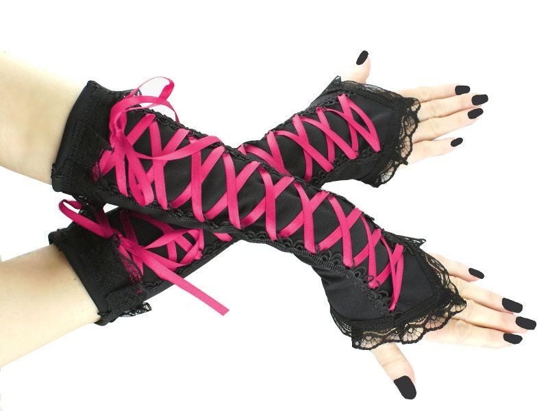 black and pink long fingerless gloves arm by FashionForWomen