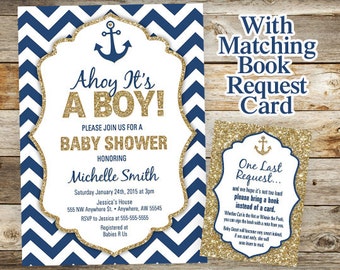 Nautical Baby Shower Invitation - Anchor Invitation - Nautical Anchor Book Request Card - Glitter Boy Baby Nautical Shower Invitations