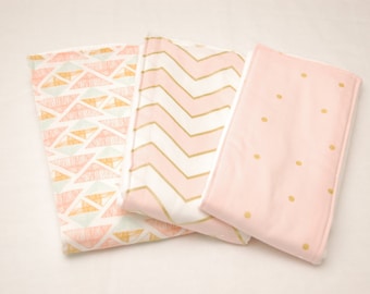 Girls Baby Burp Cloths/ Pink and Gold Chevron and Polka Dots Baby Burp Cloths: Set of 3/ Cloth Diapers/ New Baby Gift/ Baby Shower Gift