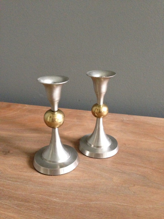 Pair of brushed nickel with brass ball candle holders